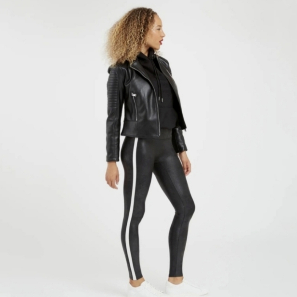 SPANX Black and White Tuxedo Stripe Faux Leather Textured Leggings Small NWT